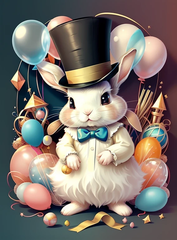 (cute baby rabbit with top hat and lots of ballons), Munchkin ,Geometric multidimensional wall portrait, livro de arte, Tchibi,
Yang08k, Beautiful, Colouring,
Obras, of the highest quality, best quality, Arte Oficial, Beautiful and Aesthetic,