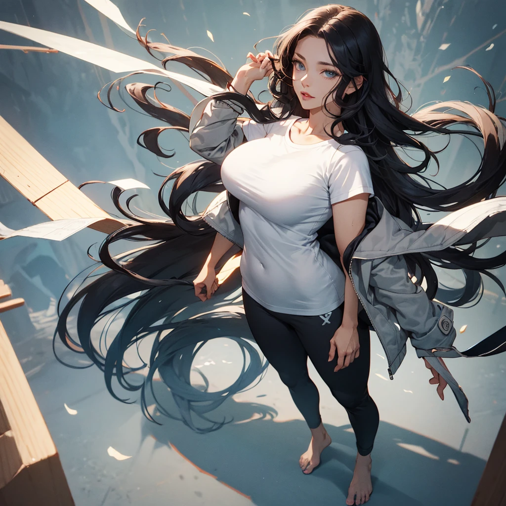 36 year old anime woman with a super curvy and busty body standing at 10’8” with a flirty look on her face, she wears a white t-shirt and a heavy grey jacket, black sweatpants, she’s barefoot, and she has long curly hair