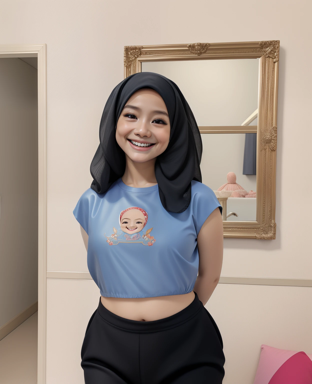 HIJAB MALAY GIRL, masutepiece, High quality, UHD 32K, Realistic face, Realistic skin feeling , A Japanese Lady, , Little Girl and baby-like face, Women's Competition One-Piece Swimsuit, Sitting, itting open legs, Spread Leg, (((facials))), (((Smile))), (((flat chest))),