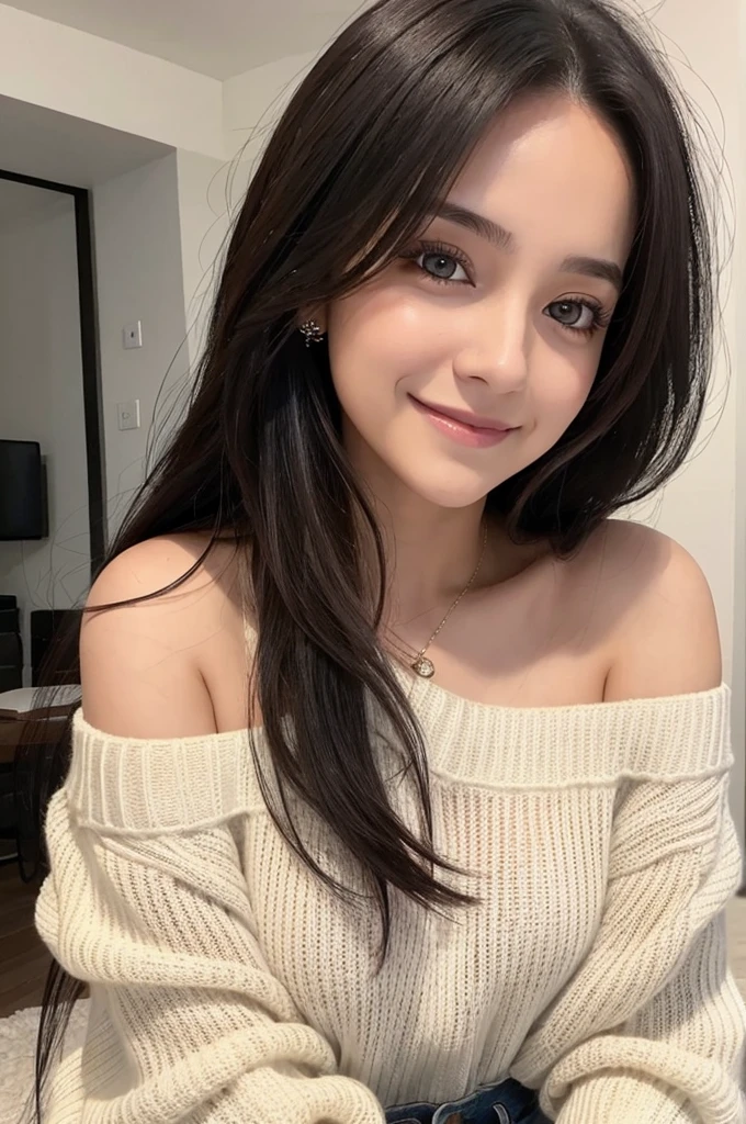 mandy kay, cabello largo, 20 years old, sonriente, off-shoulder sweater, perfect dynamic composition, hermosos ojos detallados. cara sexy.