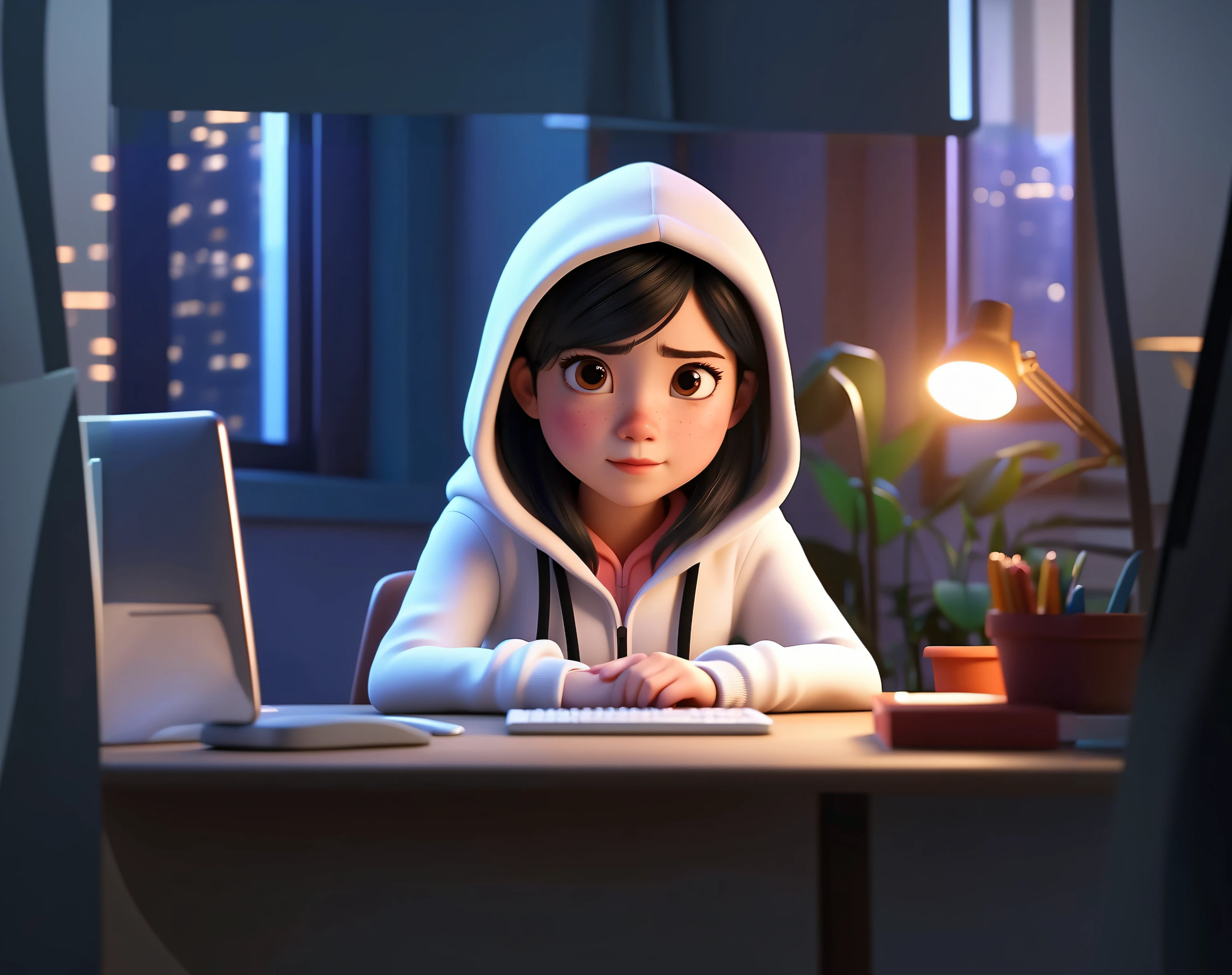 a cartoon character sitting at a desk with a laptop, in a hoodie, animated film, animated movie, cute character, animation character, animated movie still, close up character, movie character, girl wearing hoodie, small character. unreal engine 5, black haired girl wearing hoodie, animated movie scene, cute cartoon character, animated film still, animation style render