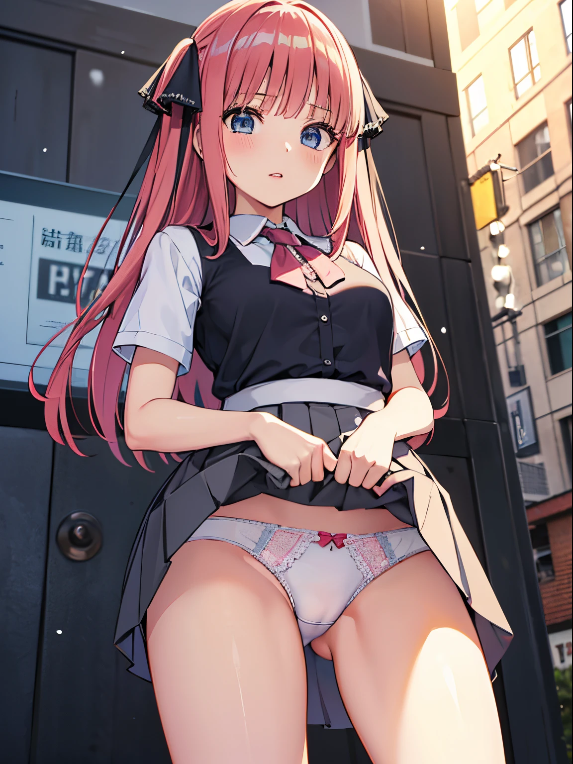 anime girl with pink hair and green skirt posing in front of a city, seductive anime girl, a hyperrealistic schoolgirl, hyperrealistic schoolgirl, [ 4 k digital art ]!!, touching her clothes, smooth anime cg art, the anime girl is crouching, clean detailed anime art, small curvy , city in the background, extremely detailed CG unity 8k wallpaper, best quality, ultra-detailed, masterpiece, realistic, photo realistic, extremely detailed cute girl, 20years old, (((skirt lift by myself))), (lifted by self),  panties , panties focus, blush, parted lips, looking at viewer  , half body shot  , (crowd), (crowded city) , wavy hair, ultra-detailliert、​masterpiece、top-quality、超A high resolution、8K high image quality、Photogenic clarity、A detailed eye、gradients、perfect anatomy body proportions ,hard disk、nffsw , Nikon Z9 80mm Lens , masutepiece、Model Standing、(((Minuscule panties、Small micro panties、Pubic hair can be seen through the lace of the panties)))、(((Panties are lace pale pink panties.)))、(((Dark blue school uniform、White blouses、Cute white white short sleeve blouse with ribbon、short loose socks、dark brown loafers)))、(((See all panties)))、(((The skirt is definitely worn)))、(((Lift skirt hem)))、Sit in a triangle with your thighs slightly inward、panties focus、too bright natural light、Sunshine、Detailed lace panty pattern、Plain white panties、(((Lifting skirt while standing to show off panties to camera)))、(((Beautiful alignment and snow-white teeth)))、(((Lift the skirt bigger and bigger、Show your panties to the camera)))、The most popular and beautiful employees of the company、Ultra slim body Gcup bust、Body shape of slim model、Beautiful posture、Spring outdoor、During the School Cultural Festival、Lots of people、