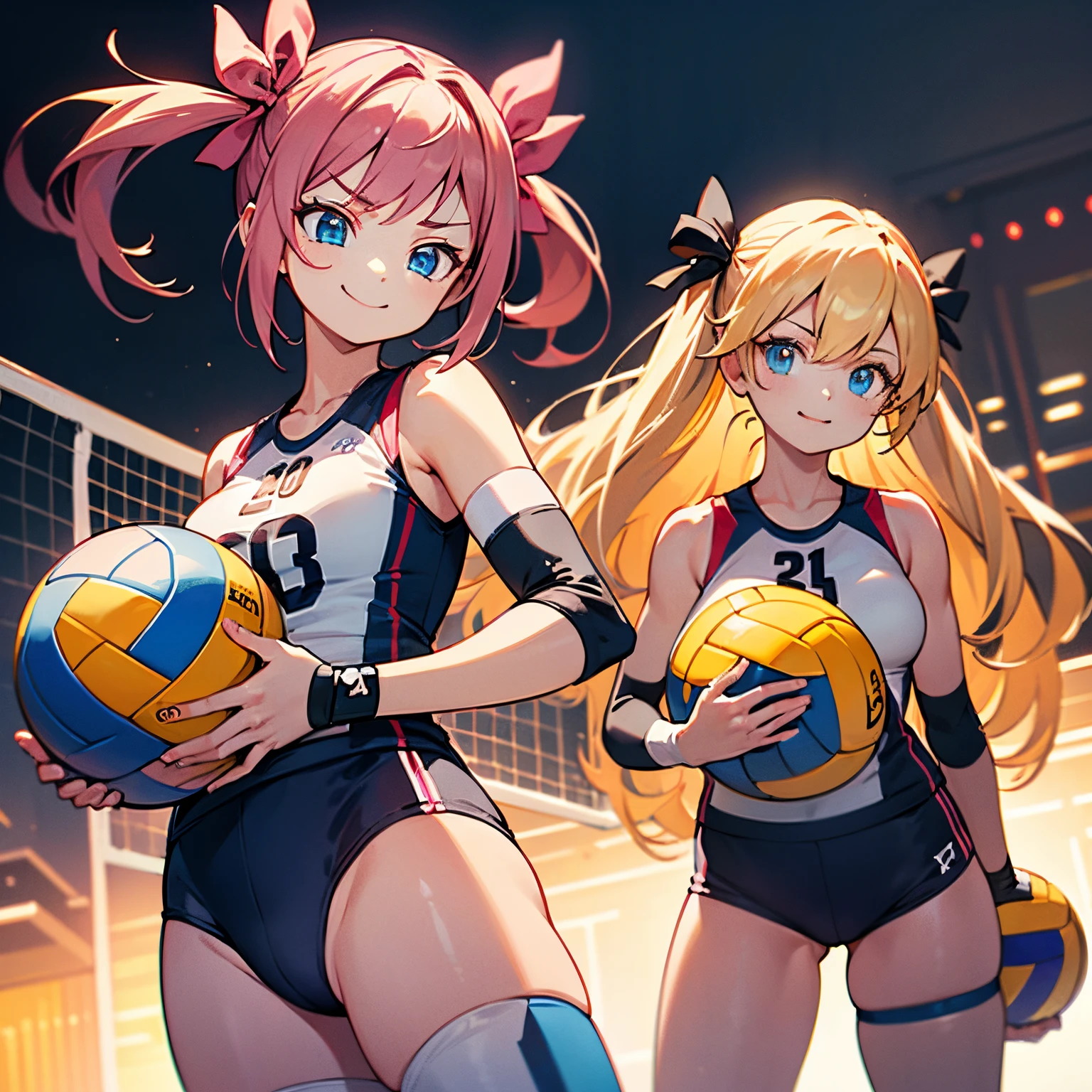 unity 8k wallpaper, anatomically correct, (((masterpiece))), (((best quality))), (((ultra detailed))), (((high-resolution))), ((super fine illustration)), ((Ultimate cutie)), detailed beautiful face, shiny hair, (medium breasts), sleeveless volleyball uniform, ((buruma)), ((knee pad)), (elbow pad), ((hold volleyball)), cowboy shot,
BREAK, 2girls_A_and_B, A girl_have_{{blond twintails}}_{hair bow}_hotpink eyes_{{happy}}_{smile}, B girl_have_{{black short hair}}_ {hair bow}_{{{blue eyes}}}_{{{smirk}}}