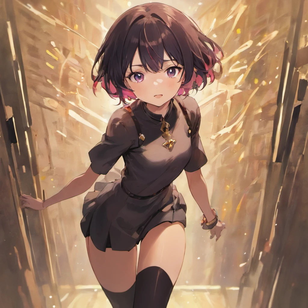 10 generations,2D Beautiful Girl,pupils,校服,Anime style,Skinny,tits out,Beautiful legs black stockings,Shy face,Short black hair,animesque