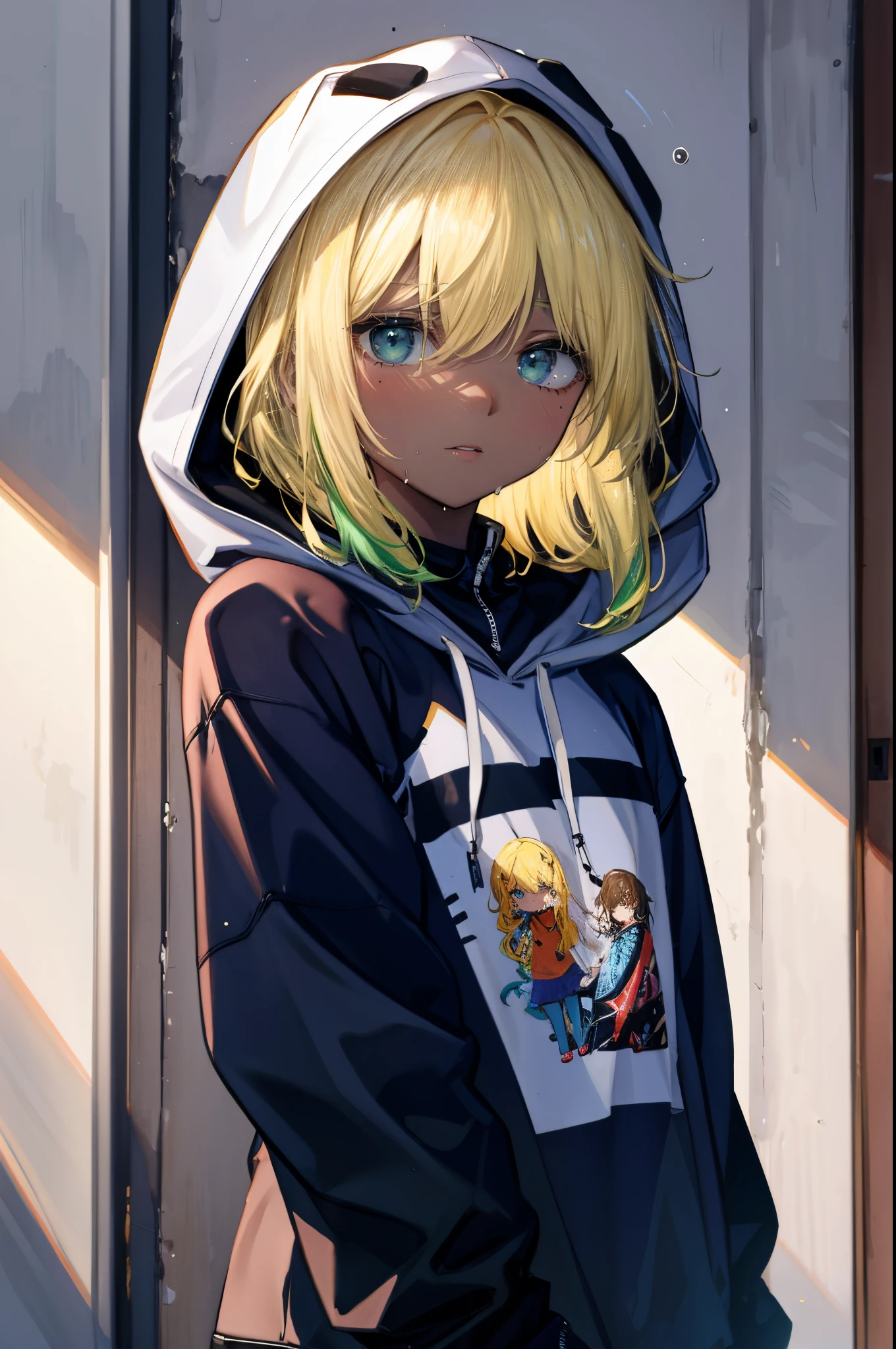 hight resolution, top-quality, ultra-quality, The ultra-detailliert, lighting like a movie、beautiful countenance ,Brown skin、Black skin、Black skin、校服、a blond、blonde hair long hair、green inner hair,Lots of hair 、full of sweat、Wearing sweat、Long T-shirt、Hooded hoodie、The tattoo、inside in room