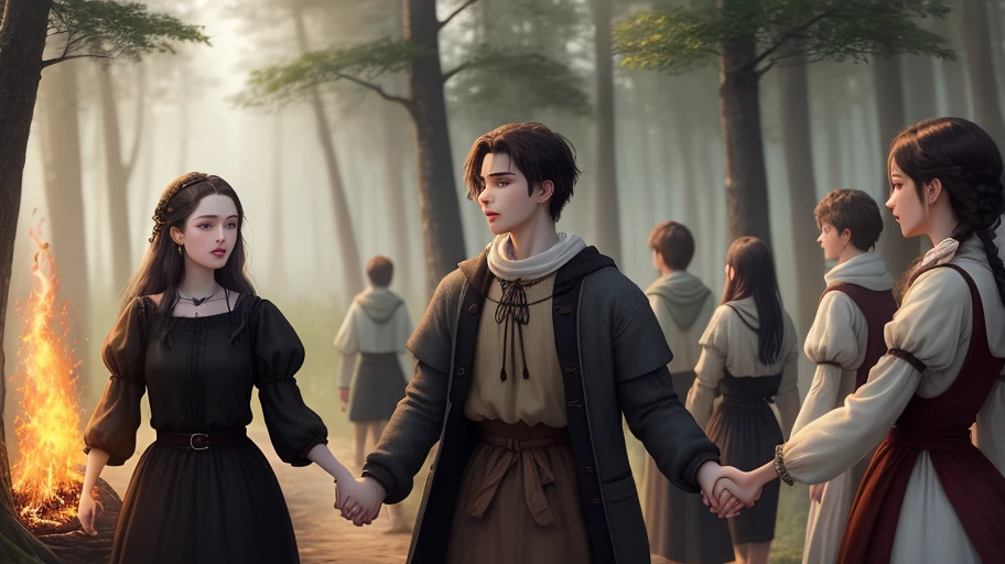 20 year old white witch, vestida y con maquillaje ????? y pelo negro, holding hands with a young 20 year old white human dressed as a peasant. Tienen unas esposas uniendo sus manos, he on the left and she on the right, keeping them together. She has her left hand raised and a small spell comes out of it.. Behind them there is a forest on fire and five men following them with dates on fire.