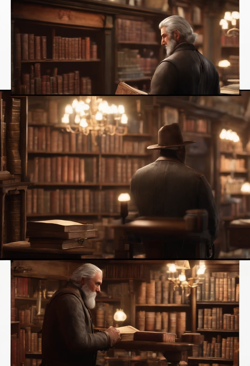 A photo of Hosea browsing through a rare book collection at an antique bookstore.,Red Dead Redemption II, Hosea is a lean, elderly man with neat, silver hair cut short and a clean-shaven face., male