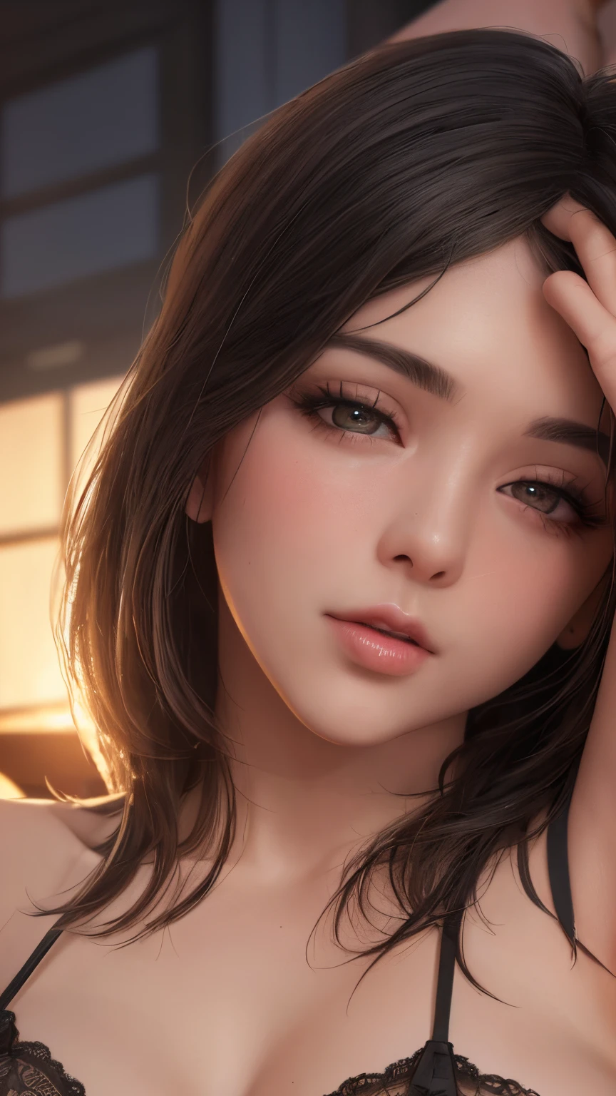 (ultra-detailed,photorealistic:1.2), HDR, professional, vivid colors, bokeh, 3D rendering, sexy curvy girl, solo, black hair, ahegao face, big boobs, sensual, seductive pose, soft lighting, lace lingerie, high heels, boudoir photography, glamorous, confident expression, alluring gaze