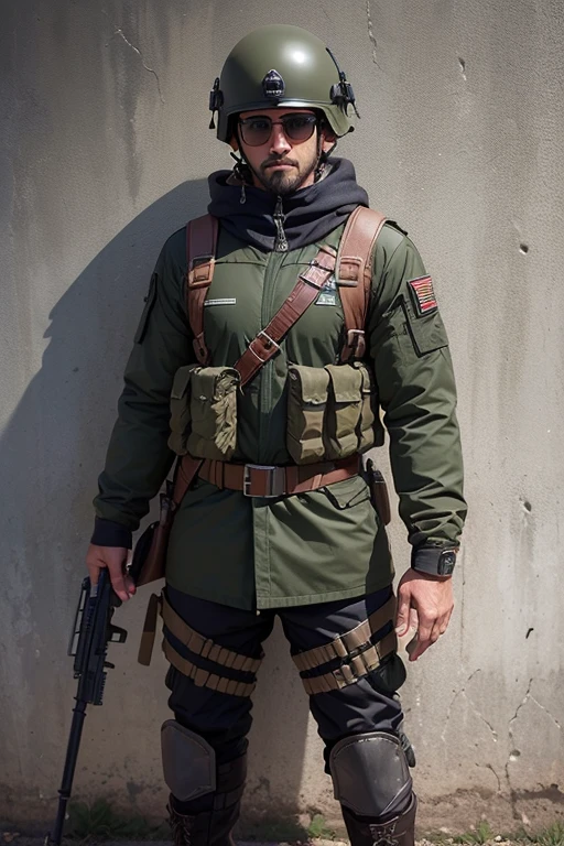Soldado do Apocalise (homem adulto com trajes militares, armed with various weapons for military use, head protection and military boots), corpo bem definido (desenvolvido por causa de exervicios), wearing sunglasses, no meio de uma cidade infestada por zumbis e demais mortos vivos. Imagem escura e sombria, super detalhada, imagem noturna, melhor qualidade, HD, clima frio (Inverno)