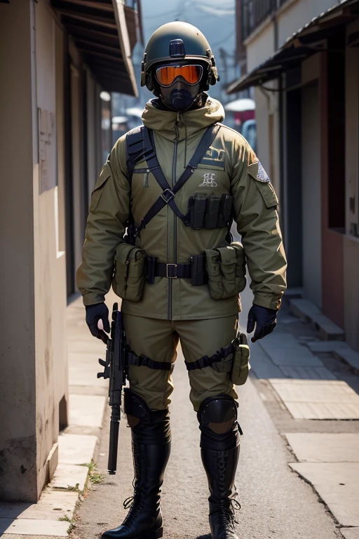 Soldado do Apocalise (homem adulto com trajes militares, armed with various weapons for military use, head protection and military boots), corpo bem definido (desenvolvido por causa de exervicios), wearing sunglasses, no meio de uma cidade infestada por zumbis e demais mortos vivos. Imagem escura e sombria, super detalhada, imagem noturna, melhor qualidade, HD, clima frio (Inverno)