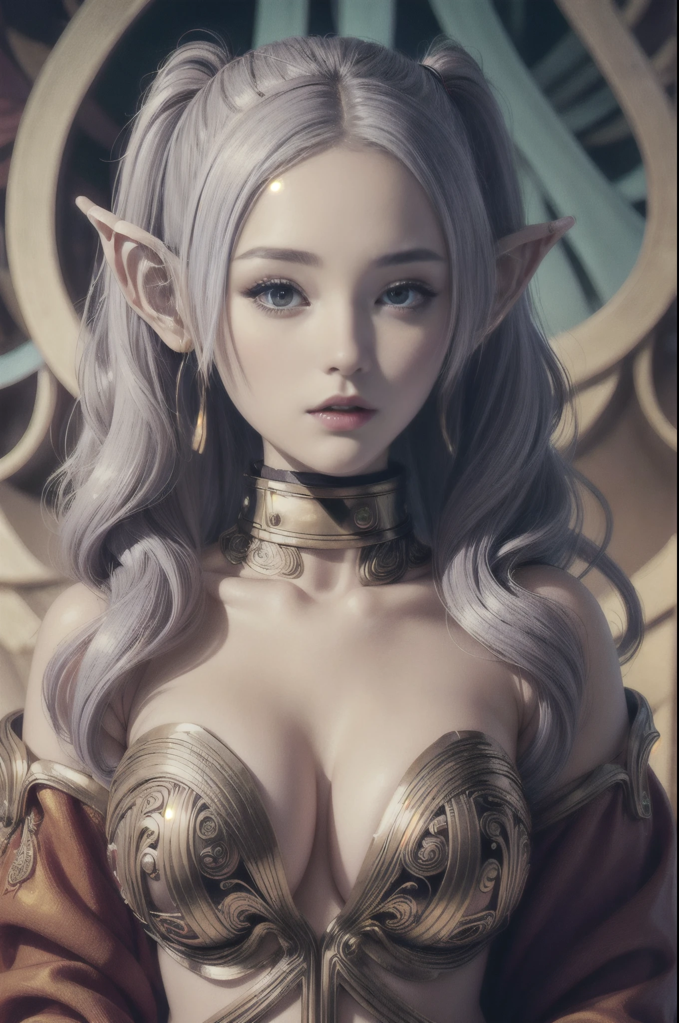 Frieren Elf, wavy, symmetrical design, colorful design, Paisley design, magical design, (masterpiece, top quality, best quality, official art, beautiful and aesthetic:1.2), extreme detailed, (fractal art:1.3), entangle, colorful , magical, cinematic light, erotic, erotic pose,