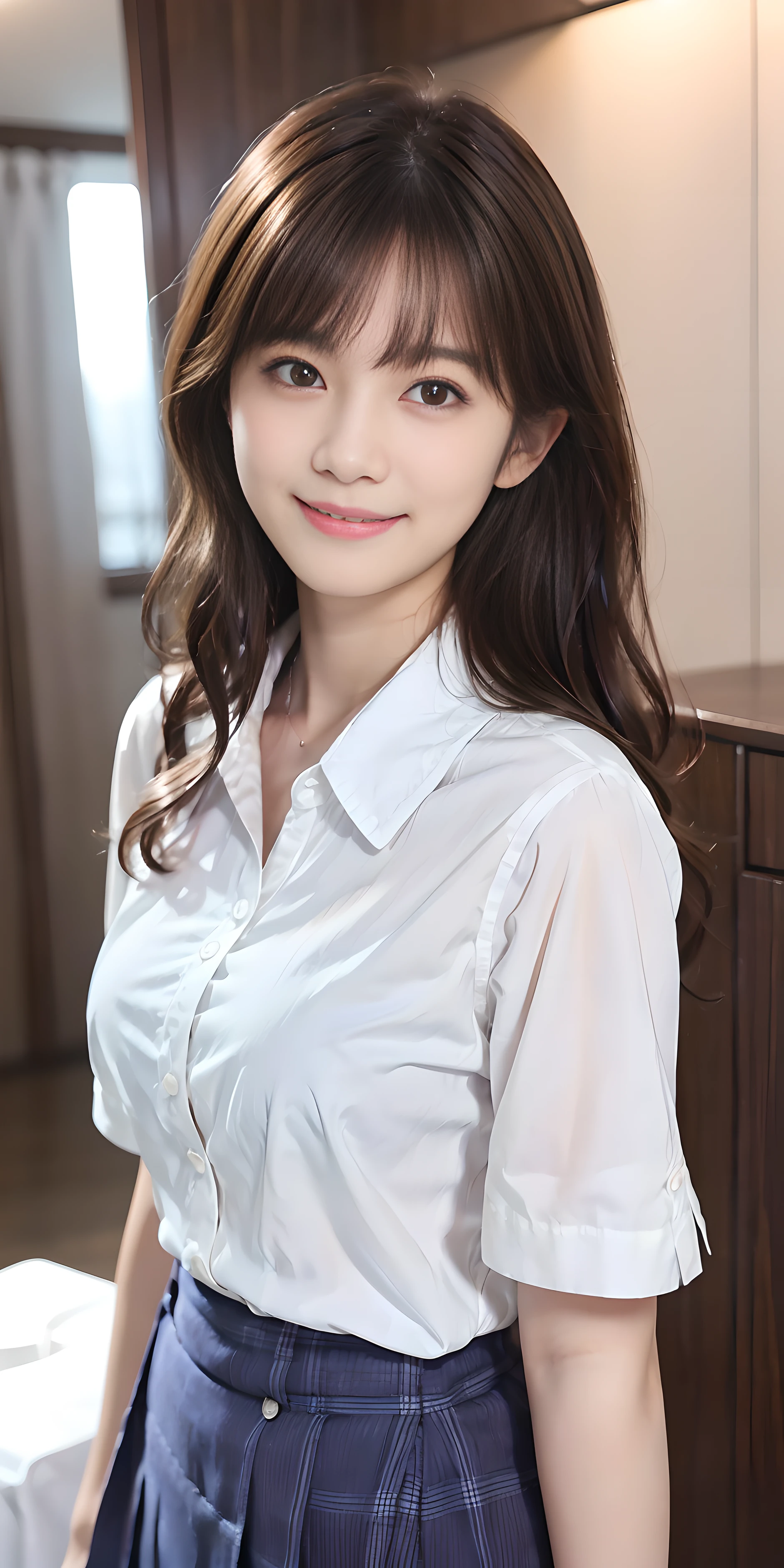 top-quality、Top image quality、tmasterpiece、Full body photo、18-year-old female, tall female high school student、White short sleeve stand collar shirt、、Low cost、dark brown  hair、curlies、mid - length hair、through bangs、、Medium milk, cute smiling face、、Full body photo