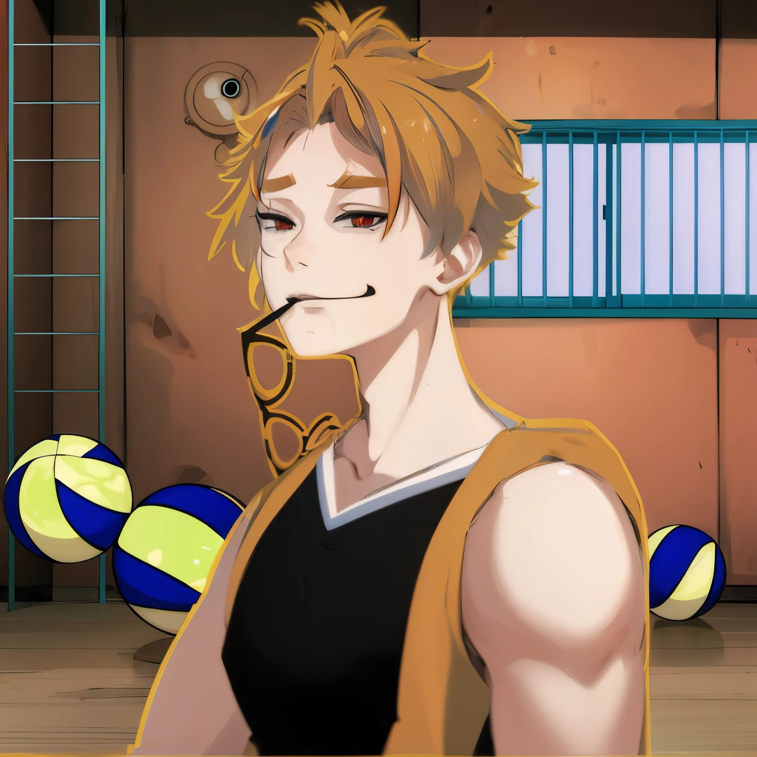 Anime guy, red eye, yellow hair