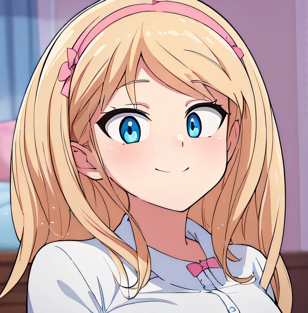 hiquality, tmasterpiece (one girls) . blonde woman. blue eyes. white  shirt. ssmile. Pink Bow. pink ribbon on hair. In the background is a room with a nightstand and a bed with a window...............................
