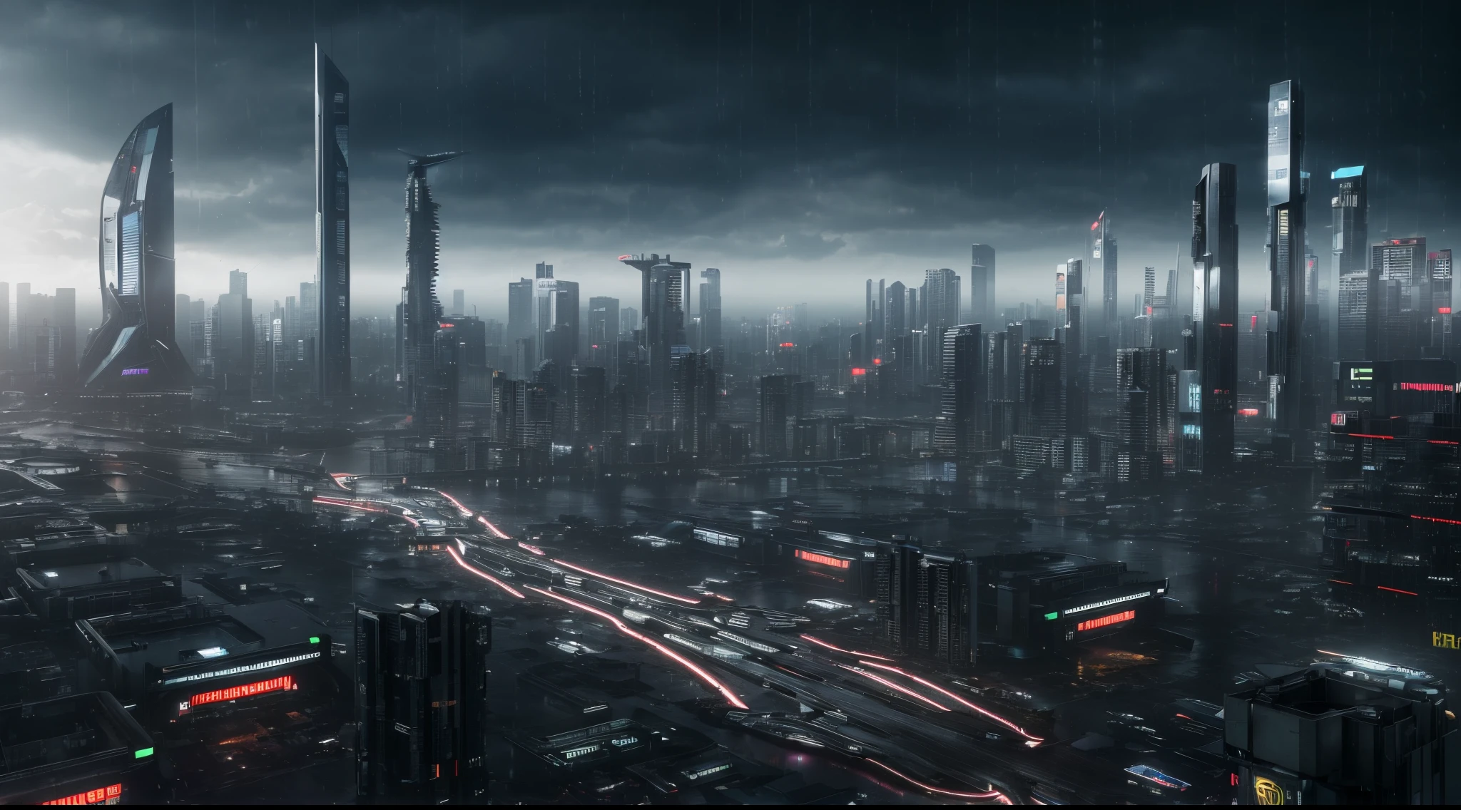 ((masterpiece, best quality)), 8k, modern architecture style, photo realistic, hyper detailed photo, clean sky, ruined city, cyberpunk,rain
