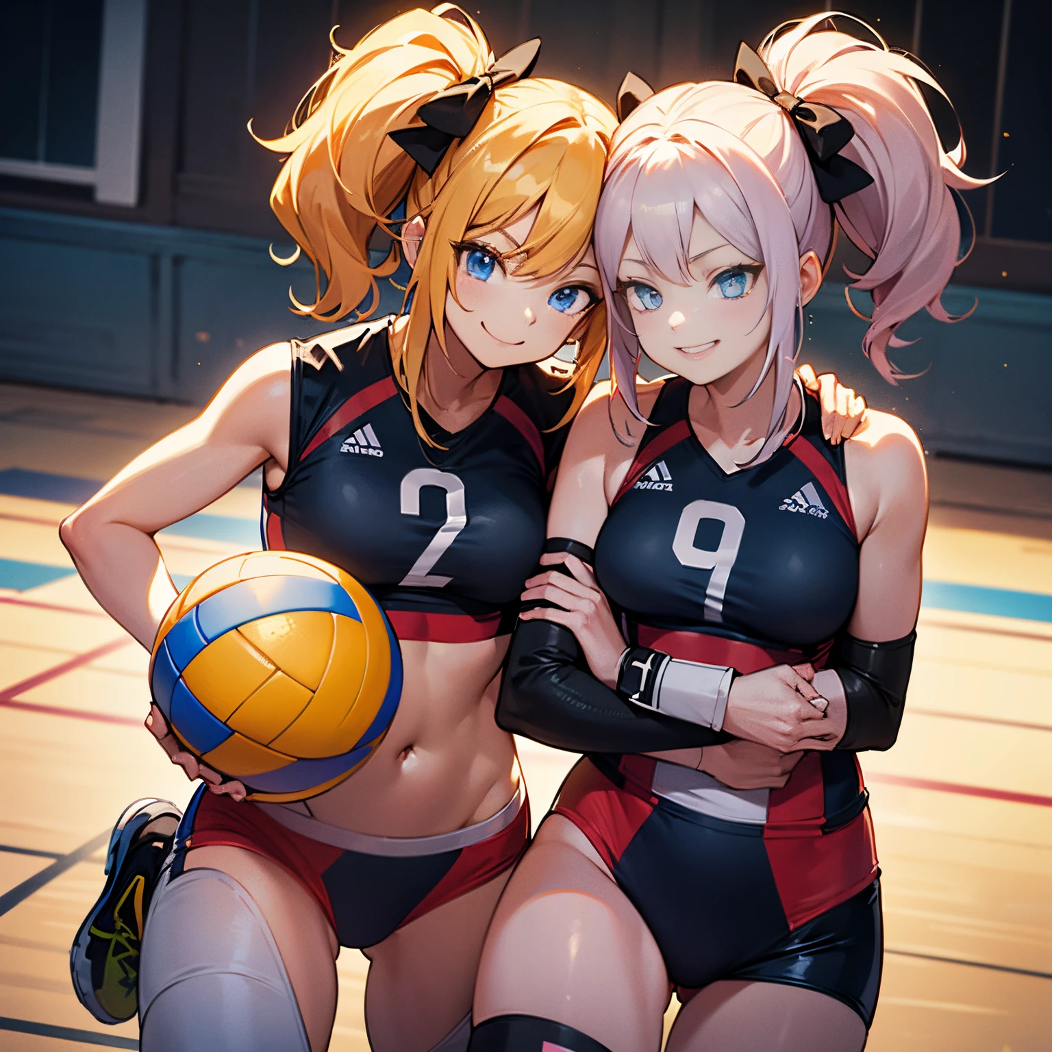 unity 8k wallpaper, anatomically correct, (((masterpiece))), (((best quality))), (((ultra detailed))), (((high-resolution))), ((super fine illustration)), ((Ultimate cutie)), detailed beautiful face, shiny hair, (medium breasts), sleeveless volleyball uniform, ((buruma)), ((knee pad)), (elbow pad), ((hold volleyball)), cowboy shot,
BREAK, 2girls_A_and_B, A girl_have_{{blond twintails}}_{hair bow}_hotpink eyes_{{happy}}_{smile}, B girl_have_{{black short hair}}_ {hair bow}_{{{blue eyes}}}_{{{smirk}}}