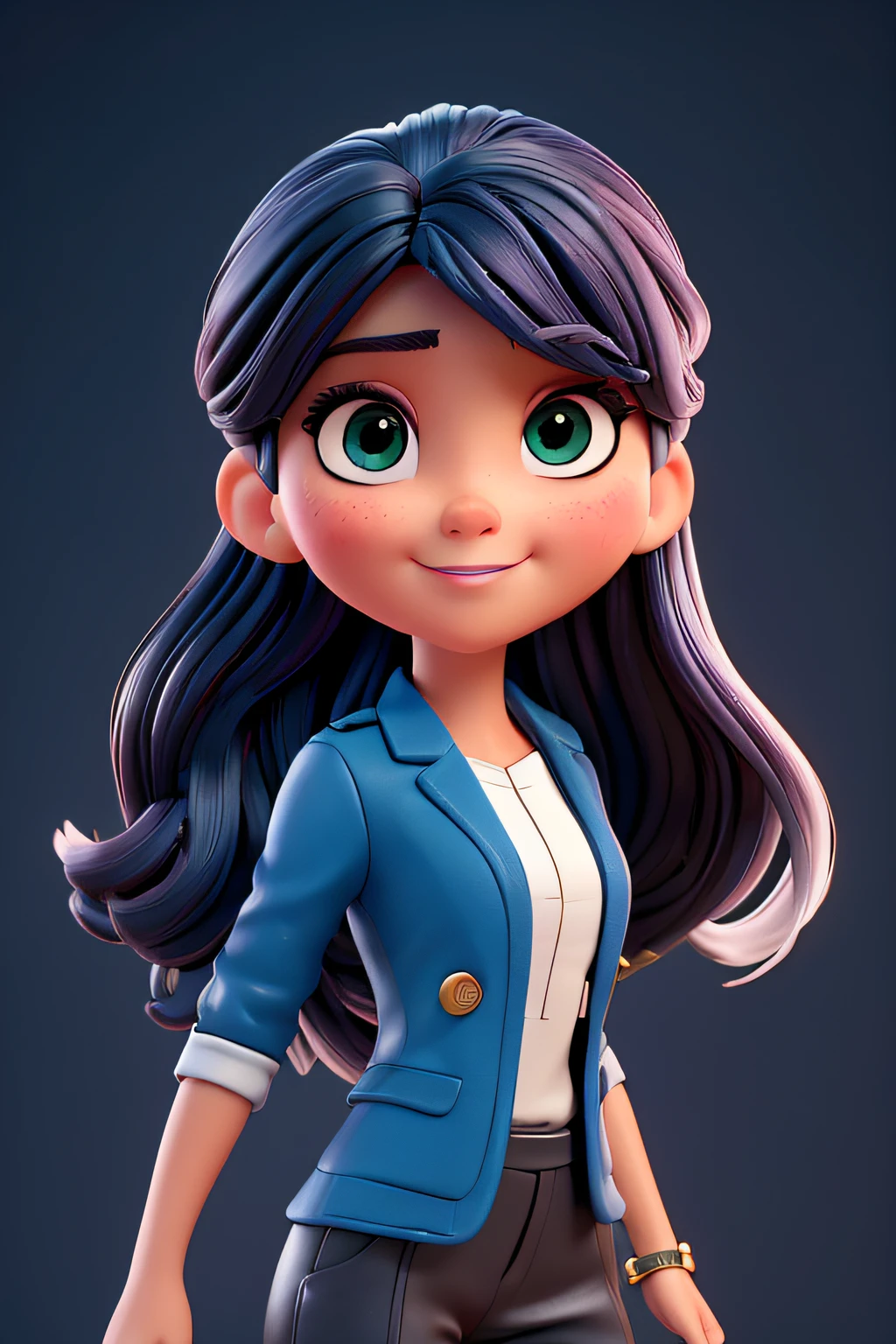 (La mejor calidad,4k,HDR),Estilo Pixar,26-year-old,Retrato natural,Impresionantes ojos verdes,piel clara,Cabello negro liso,mujer de negocios,Traje negro formal,Cara hermosa,Delicate features,sonrisa encantadora,Postura segura,Illuminated by the soft daylight,Fondo del horizonte de la ciudad,sombras sutiles,dynamic composition,colores vibrantes,Meticulous Attention to Detail,Playful but professional demeanor,Warm and welcoming atmosphere,Renderizado impecable,Texturas realistas,Ultra-detailed facial expression,Ojos y labios expresivos,ojos brillantes con un toque de travesura,mechones de cabello suaves y brillantes,Un maquillaje sutil que realza su belleza natural,Perfectly fitted suit that accentuates your figure,Sofisticado pero accesible,Creative and inspiring spirit,Portrait that captures your ambition and determination,Enfoque intenso y empuje en sus ojos,Movimiento elegante y postura equilibrada,Create a sense of movement and energy in the artwork,Claridad y nitidez impresionantes,Efecto tridimensional inmersivo,perfect ilumination,iluminando sus facciones de una manera favorecedora,Paleta de colores equilibrada y refinada,con estallidos de tonos vibrantes,Mejorar el impacto visual general,Striking the Right Balance Between Realism and Stylization,showing her in a moment of triumph and confidence,Una obra maestra atemporal,mostrando la belleza y la fuerza de la mujer moderna.