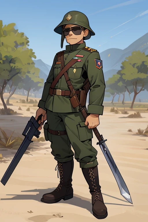 Soldado do Apocalise (homem adulto com trajes militares, armed with various weapons for military use, head protection and military boots), corpo bem definido (desenvolvido por causa de exervicios), wearing sunglasses, no meio de uma cidade infestada por zumbis e demais mortos vivos.