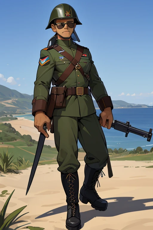 Soldado do Apocalise (homem adulto com trajes militares, armed with various weapons for military use, head protection and military boots), corpo bem definido (desenvolvido por causa de exervicios), wearing sunglasses, no meio de uma cidade infestada por zumbis e demais mortos vivos.