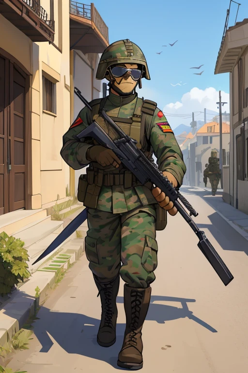 Soldado do Apocalise (homem adulto com trajes militares, armed with various weapons for military use, head protection and military boots), corpo bem definido (desenvolvido por causa de exervicios), wearing sunglasses, no meio de uma cidade infestada por zumbis e demais mortos vivos.