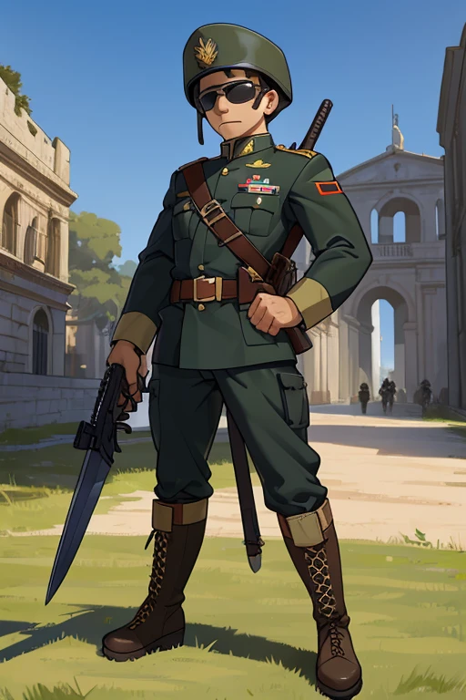 Soldado do Apocalise (homem adulto com trajes militares, armed with various weapons for military use, head protection and military boots), corpo bem definido (desenvolvido por causa de exervicios), wearing sunglasses, no meio de uma cidade infestada por zumbis e demais mortos vivos.