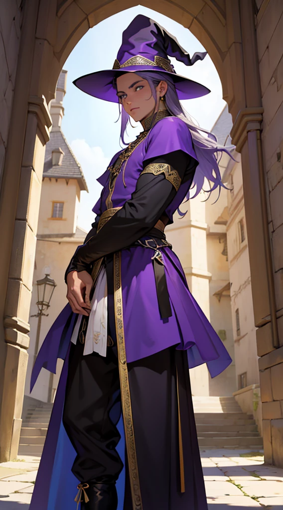 Crie uma oc de um bruxo,ele controla uma magia na cor roxa,he has a witch's hat full of purple details,ele usa uma roupa estilo medieval nas cores de roxo,ele tem olhos amarelos,ele tem um corpo bonito e musculoso,pernas grossas, muscular arms,tem um rosto bonito e perfeito,ele tem 20 anos de idade,tem cabelo na cor castanho,dinamic pose, scenery inside a castle