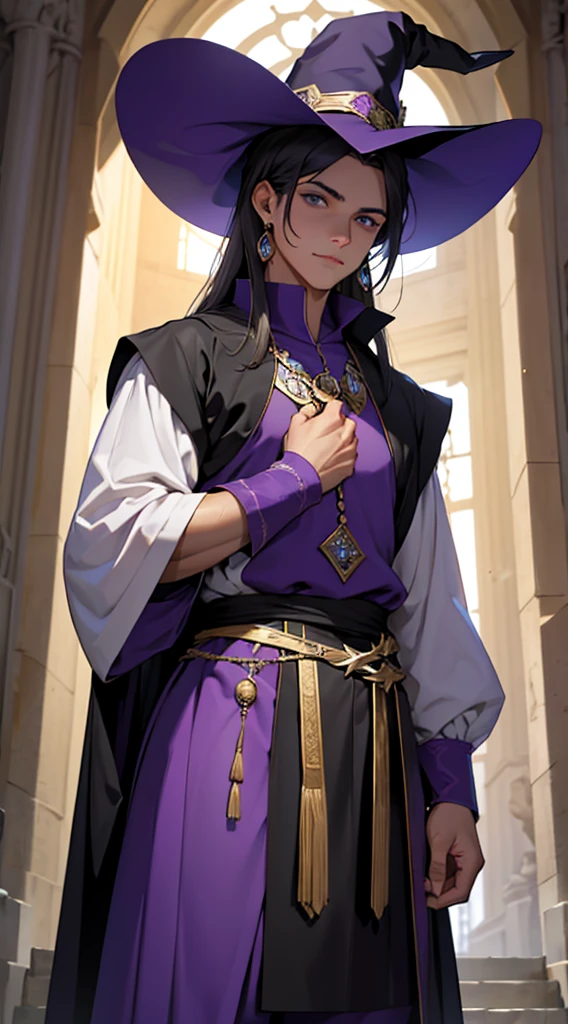 Crie uma oc de um bruxo,ele controla uma magia na cor roxa,he has a witch&#39;s hat full of purple details,ele usa uma roupa estilo medieval nas cores de roxo,ele tem olhos amarelos,ele tem um corpo bonito e musculoso,pernas grossas, muscular arms,tem um rosto bonito e perfeito,ele tem 20 anos de idade,tem cabelo na cor castanho,dinamic pose, scenery inside a castle