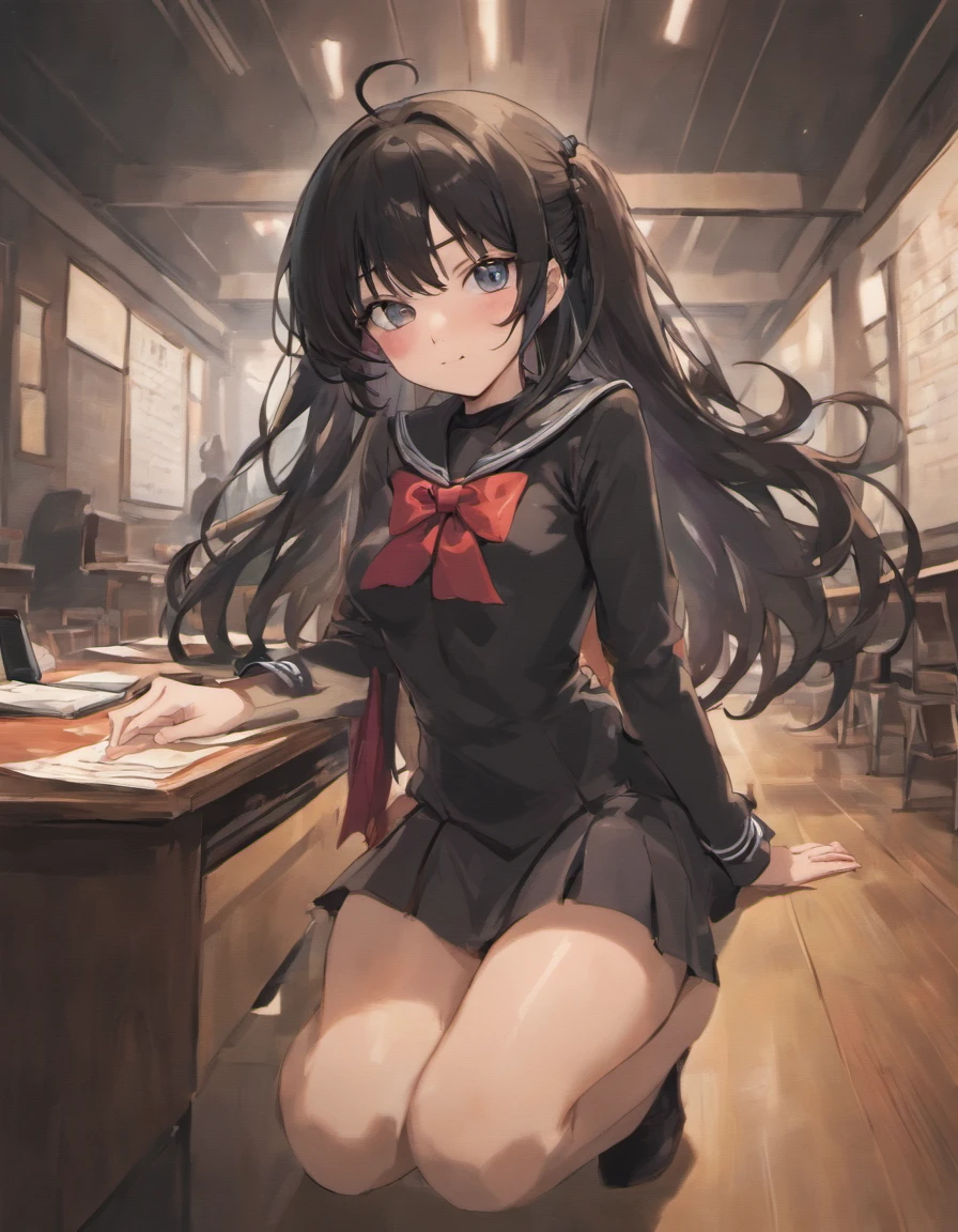 pantyhose,Crouching,front,Angle from below,Leg spread,With legs apart,Black Hair,Straight Hair,Black Skirt,blazer,ribbon,School,Library,