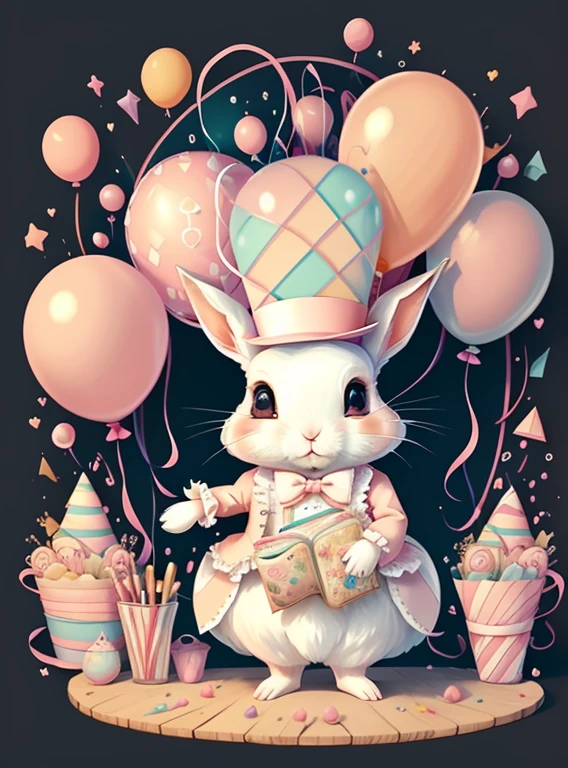 (cute baby rabbit with pink top hat and lots of ballons), Munchkin ,Geometric multidimensional wall portrait, livro de arte, Tchibi,
Yang08k, Beautiful, Colouring,
Obras, of the highest quality, best quality, Arte Oficial, Beautiful and Aesthetic,