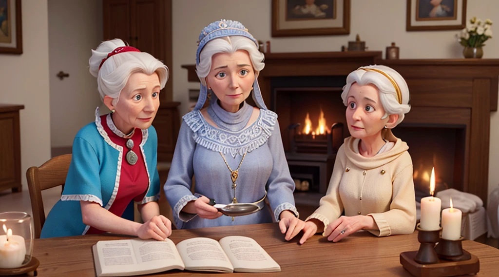 Margaret, a wise and compassionate elderly woman, approaching Mary's parents with concern.Visualize Margaret, her weathered face etched with wisdom and kindness, addressing Mary's parents. Her gentle demeanor and heartfelt words convey her deep concern for Henry and Mary's happiness. The warm glow of the fireplace illuminates the scene, creating a sense of intimacy and trust.