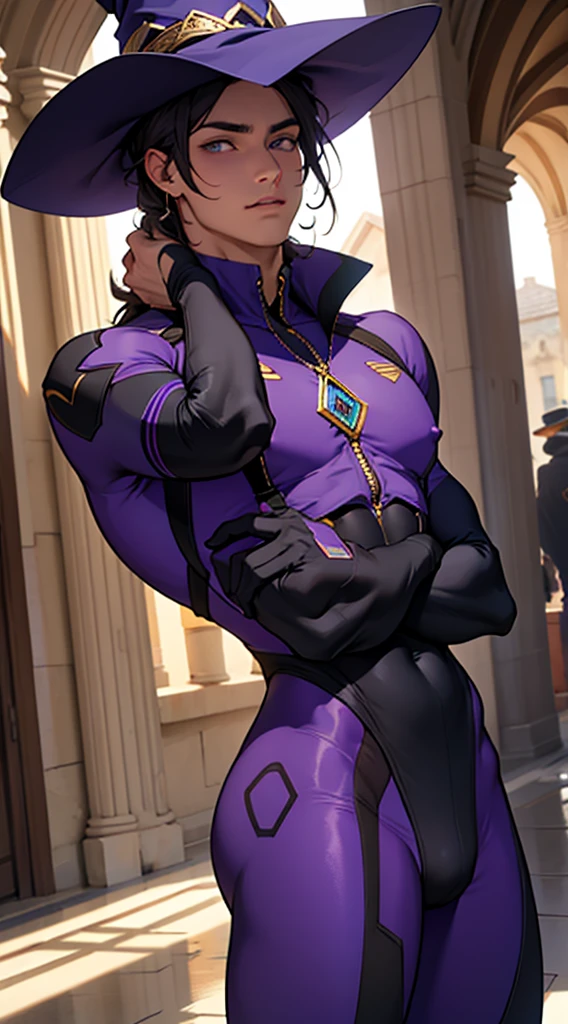 Crie uma oc de um bruxo,ele controla uma magia na cor roxa,he has a witch's hat full of purple details,ele usa um bodysuit nas cores de roxo,ele tem olhos amarelos,ele tem um corpo bonito e musculoso,pernas grossas, muscular arms,tem um rosto bonito e perfeito,ele tem 20 anos de idade,tem cabelo na cor castanho,dinamic pose, scenery inside a castle