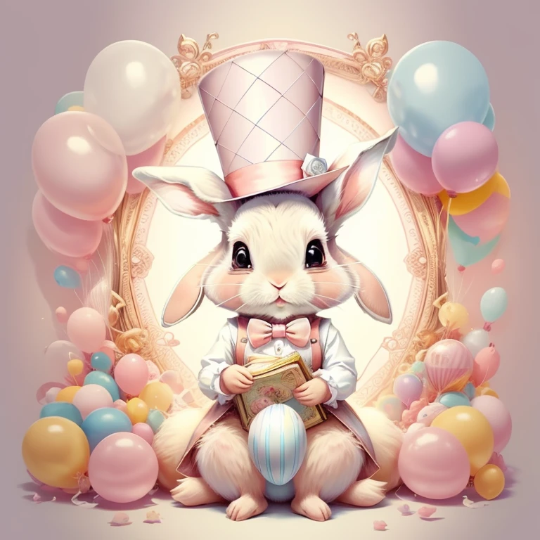 (cute baby rabbit with pink top hat and lots of ballons), Munchkin ,Geometric multidimensional wall portrait, livro de arte, Tchibi,
Yang08k, Beautiful, Colouring,
Obras, of the highest quality, best quality, Arte Oficial, Beautiful and Aesthetic,
