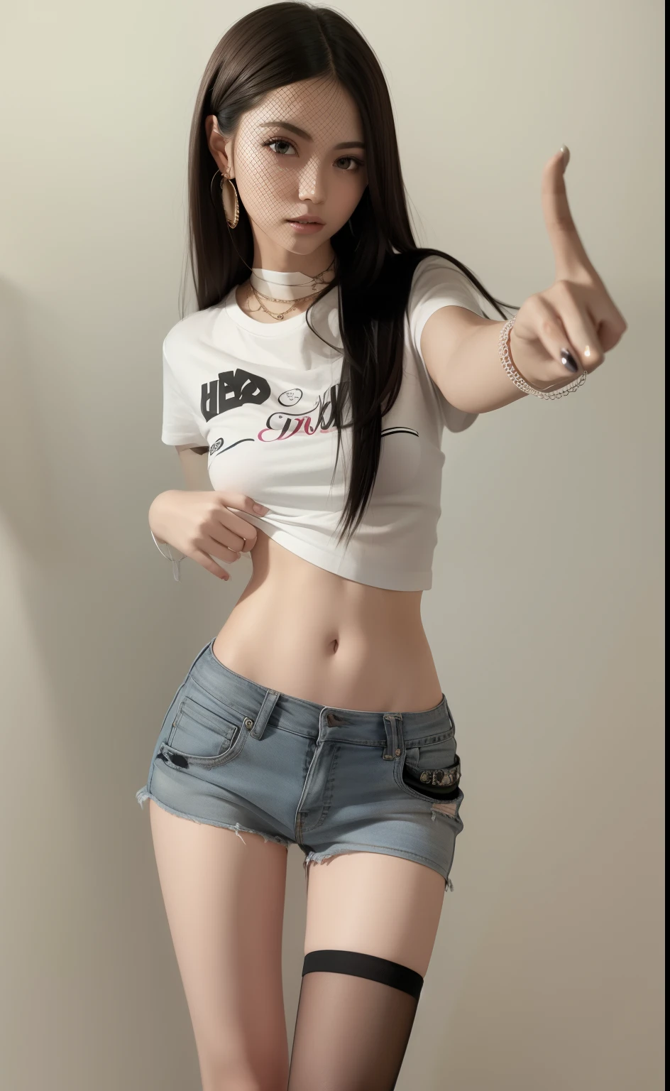 there is a woman in a short skirt and a white shirt, her navel exposed, 2 4 old female model, ripped cropped T-shirt, Belly button exposed, photo of slim girl, Half-body crops, photo of slim girl model, smallest belly ever, physical : smallest belly ever, hand on hips
