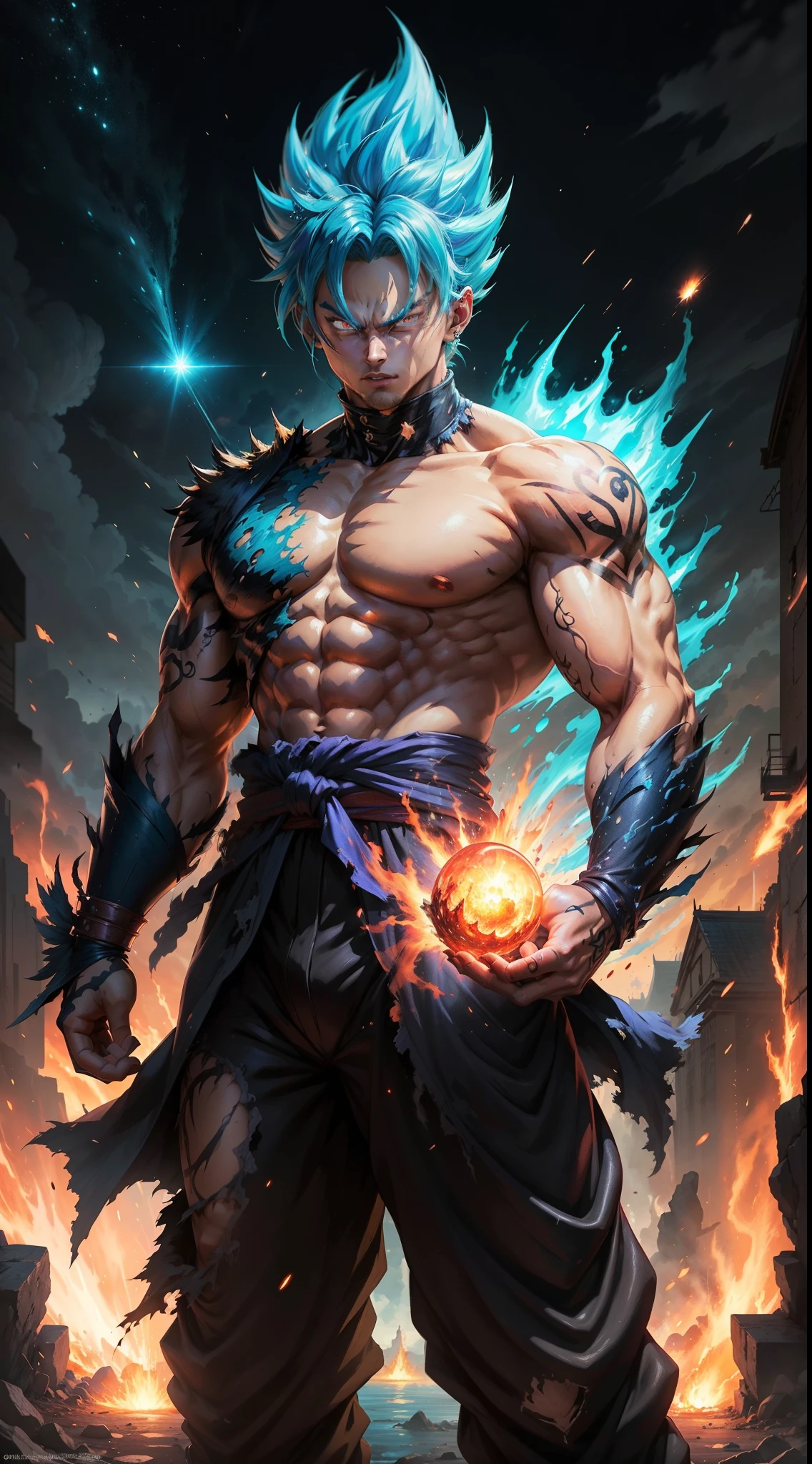 Get ready for a visual feast with the Gohan, glowing blue hair and tattoo, a being with a handsome face and piercing red eyes. In his transformed state, he radiates extreme instinct and power, making for an epic anime about this energy man. Watch as he controls fire and lava in stunning anime artwork that will leave you in awe. This concept art is straight out of the Bleach Universe, with a manga-style 8k wallpaper that will transport you to another dimension. Prepare to be amazed by this detailed digital anime art, showcasing the ultimate fusion of style and power.