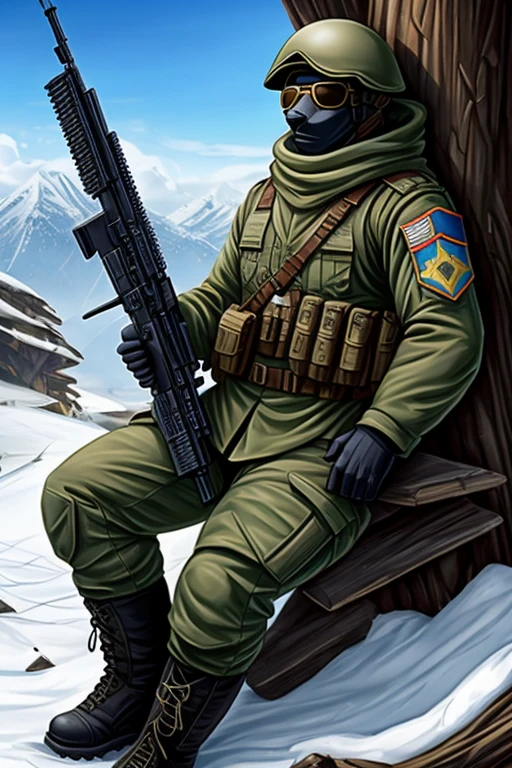 Soldado do Apocalise (homem adulto com trajes militares, armed with various weapons for military use, head protection and military boots), corpo bem definido (desenvolvido por causa de exervicios), wearing sunglasses, no meio de uma cidade infestada por zumbis e demais mortos vivos. Imagem escura e sombria, super detalhada, imagem noturna, melhor qualidade, HD, clima frio (Inverno)