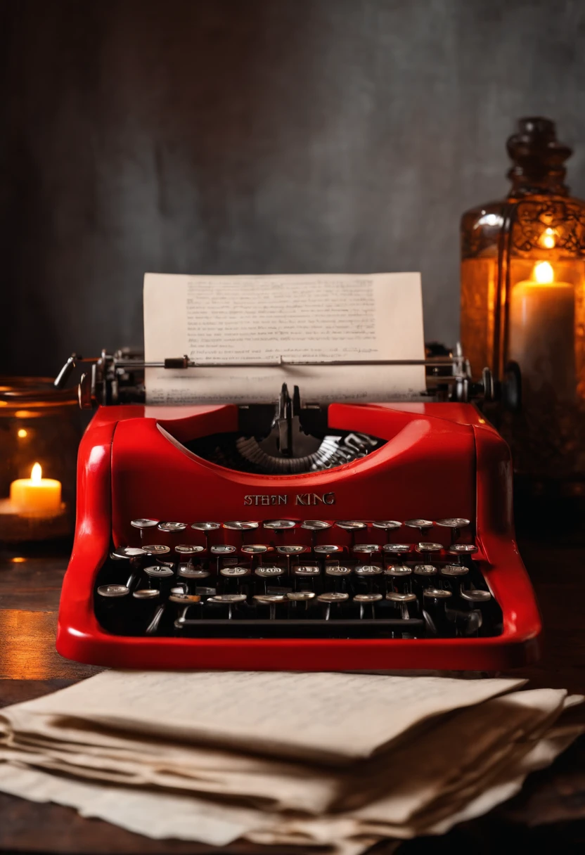 A vintage typewriter with a sheet of paper filled with ominous words, surrounded by dimly lit candles and a mysterious-looking jar of ink,original,Portrayed by Stephen King, the American author, himself, male