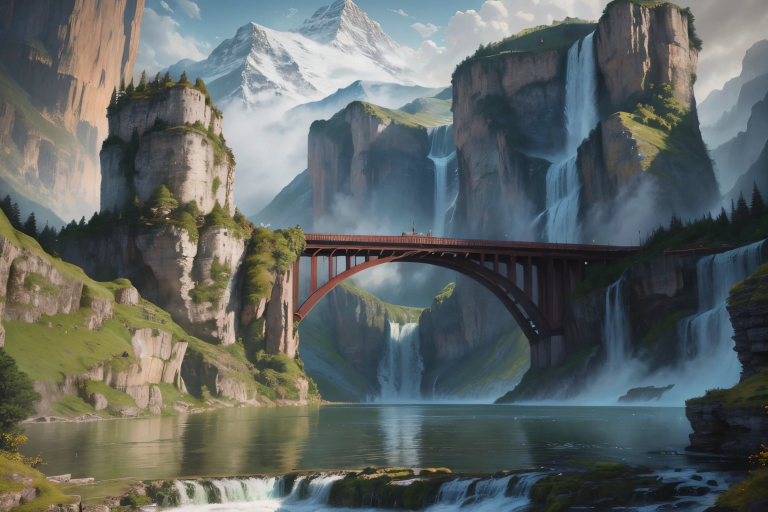 there is a painting of a waterfall and a bridge in the mountains, beautiful art uhd 4 k, 4k highly detailed digital art, detailed painting 4 k, detailed scenery —width 672, a beautiful artwork illustration, 8k stunning artwork, 4k detailed digital art, beautiful digital painting, 8k high quality detailed art, digital painting highly detailed
