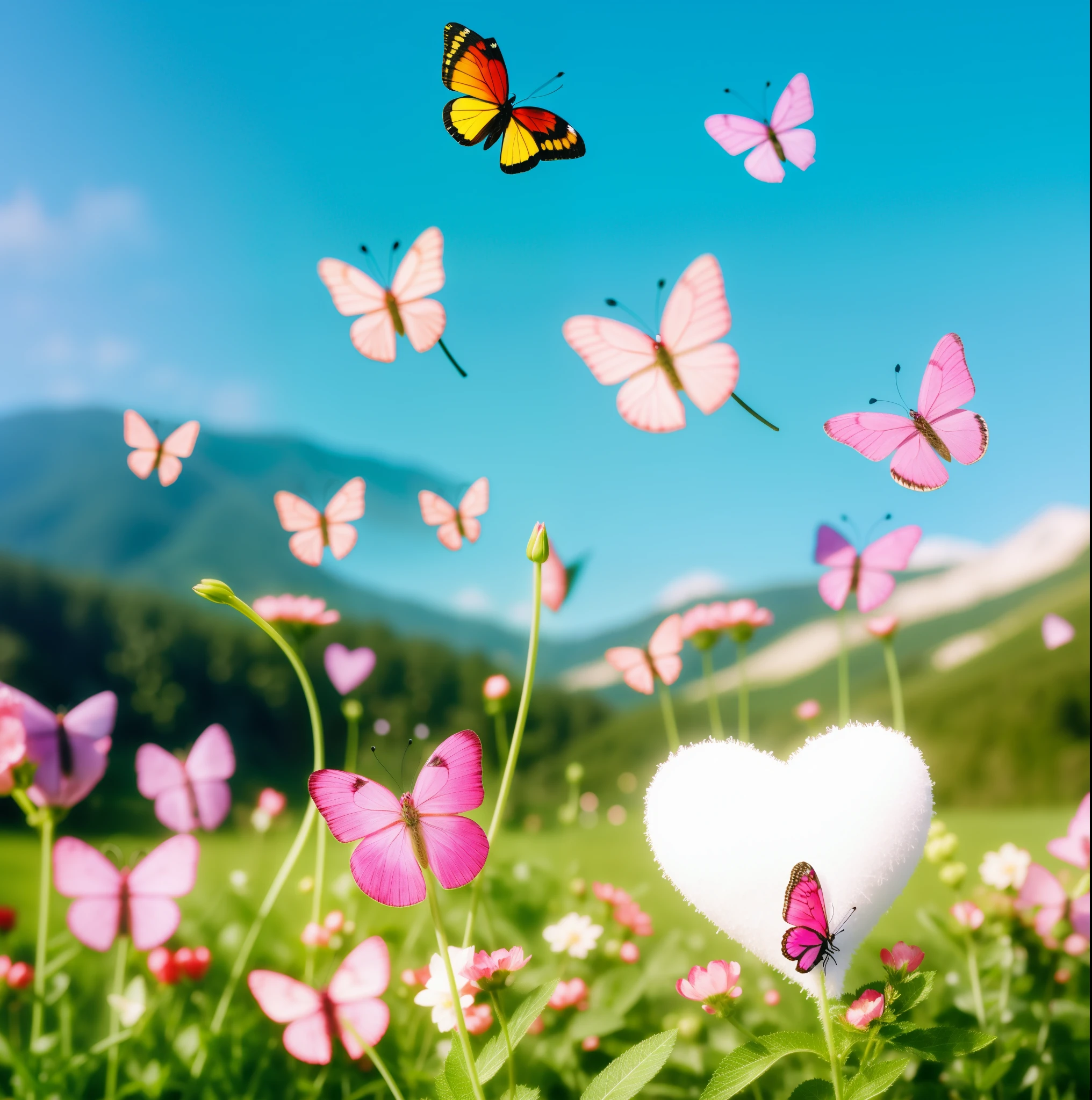 A whimsical heart made of delicate flowers and butterflies, radiating happiness and positivity in a dreamy, ethereal landscape.