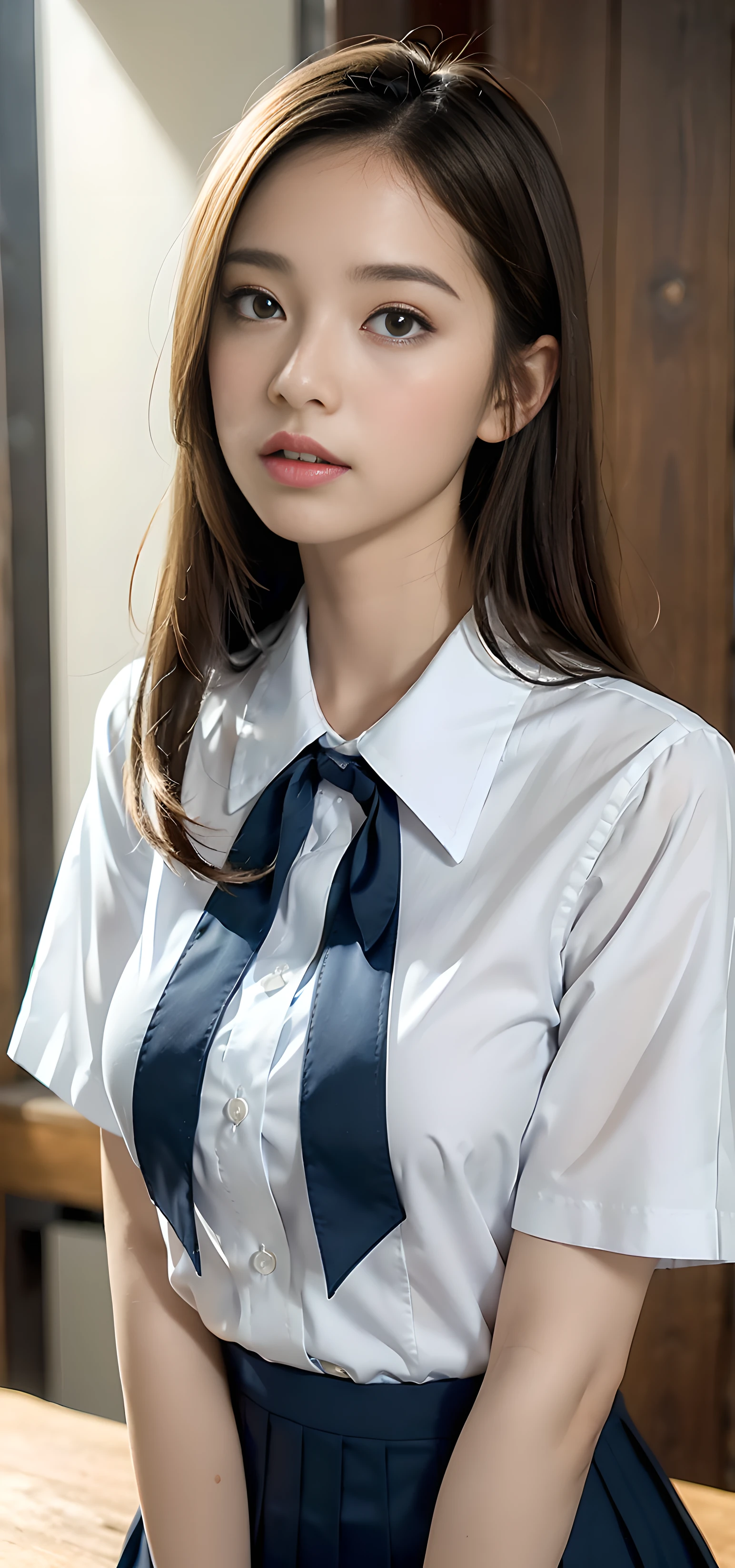 1人の女性, on the face, Colossal tits,Light brown hair, bluntbangs, Hair behind the ears, Hair over the shoulder, Long gray hair, Slender body type, Ultra-fine face, rosto magro, delicate lips, pretty eyes, thin blush, The eyes are light brown, perfect glowing skin, Flawless skin, glistening sweat,View here, Ultrathin, Ultra-thin fingers:actual:1.3), Broadleaf forest, A person's point of view, Fuji Film, 8K, On a table, north african free trade area, super detailing, high high quality, Best quality, A high resolution, ((University teacher&#39;don&#39;t show your fingertips))、the golden hour　Beautiful light,  (((Girl student uniform)))、(((White short-sleeved low-cut button-down shirt、Dark blue ribbon)))、((Super micro mini dark blue pleated skirt)) ((Colossal tits)) (((the positive image:1.3)))