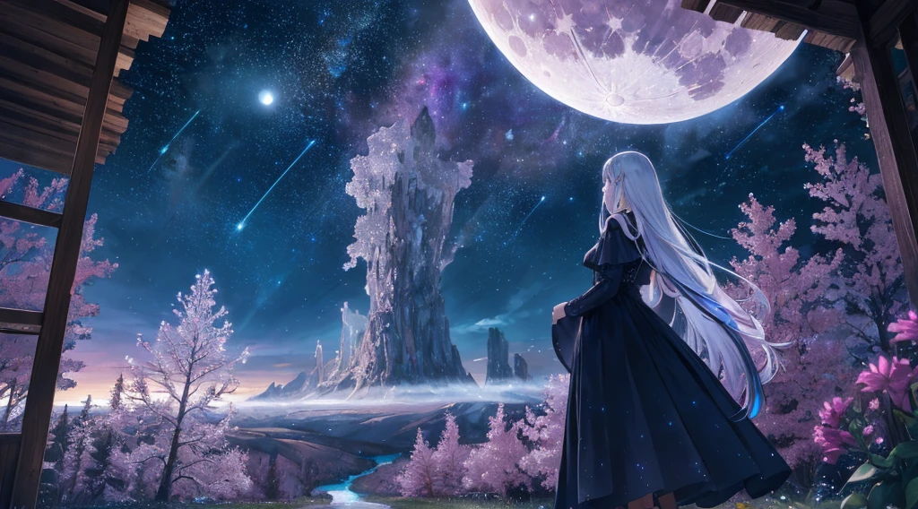 Expansive landscape photograph, (view from below with a view of the sky and wilderness below), one girl with very long white hair girl standing in a flower field looking up, coff shoulder purple starry sky dress, constellation, (full moon: 1.2), (shooting star: 0.9), (nebula: 1.3), distant mountain, tree break production art, (warm light source: 1.2), (firefly: 1.2), lamp, intricate detail, volume lighting, realism break (masterpiece: 1.2) (Best Quality), 4K, Ultra-Detailed, (Dynamic Configuration: 1.4), Highly Detailed and Colorful Details, (Iridescent Colors: 1.2), (Glowing Lighting, Atmospheric Lighting), Dreamy, Magical, (Solo: 1.2)