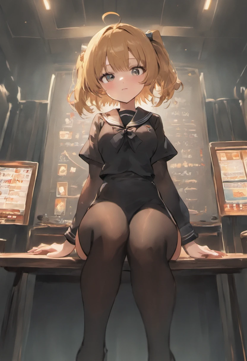 hi-school girl,bobhair,tits out,Sitting on a desk,She wears black stockings and spreads her thighs.,A little shy face,a sailor suit,an animated character,Anime style,1.0,high-level image quality,Leg length beautiful legs
