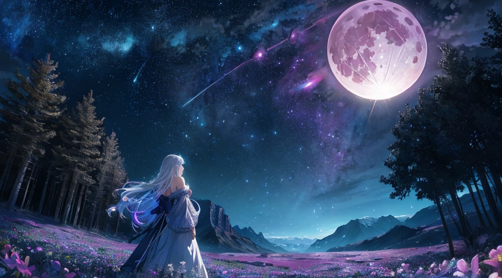 Expansive landscape photograph, (view from below with a view of the sky and wilderness below), one girl with very long white hair girl standing in a flower field looking up, off shoulder purple starry sky dress, constellation, (full moon: 1.2), (shooting star: 0.9), (nebula: 1.3), distant mountain, tree break production art, (warm light source: 1.2), (firefly: 1.2), lamp, intricate detail, volume lighting, realism break (masterpiece: 1.2) (Best Quality), 4K, Ultra-Detailed, (Dynamic Configuration: 1.4), Highly Detailed and Colorful Details, (Iridescent Colors: 1.2), (Glowing Lighting, Atmospheric Lighting), Dreamy, Magical, (Solo: 1.2)