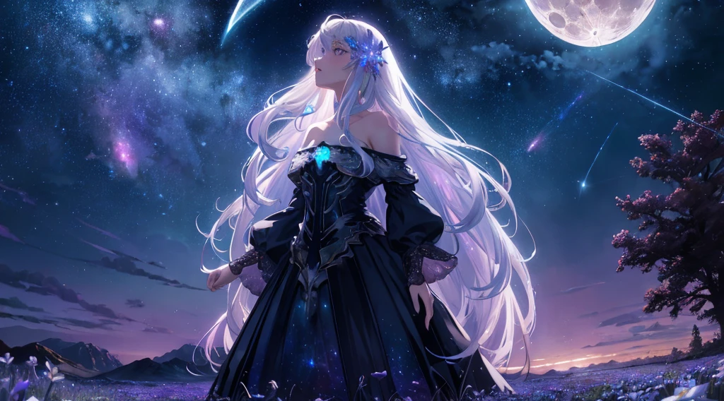 Expansive landscape photograph, (view from below with a view of the sky and wilderness below), one girl with very long white hair girl standing in a flower field looking up, off shoulder purple starry sky dress, constellation, (full moon: 1.2), (shooting star: 0.9), (nebula: 1.3), distant mountain, tree break production art, (warm light source: 1.2), (firefly: 1.2), lamp, intricate detail, volume lighting, realism break (masterpiece: 1.2) (Best Quality), 4K, Ultra-Detailed, (Dynamic Configuration: 1.4), Highly Detailed and Colorful Details, (Iridescent Colors: 1.2), (Glowing Lighting, Atmospheric Lighting), Dreamy, Magical, (Solo: 1.2)
