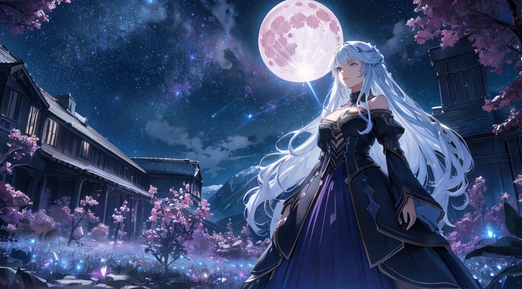 Expansive landscape photograph, (view from below with a view of the sky and wilderness below), one girl with very long white hair girl standing in a flower field looking up, off shoulder purple starry sky dress, constellation, (full moon: 1.2), (shooting star: 0.9), (nebula: 1.3), distant mountain, tree break production art, (warm light source: 1.2), (firefly: 1.2), lamp, intricate detail, volume lighting, realism break (masterpiece: 1.2) (Best Quality), 4K, Ultra-Detailed, (Dynamic Configuration: 1.4), Highly Detailed and Colorful Details, (Iridescent Colors: 1.2), (Glowing Lighting, Atmospheric Lighting), Dreamy, Magical, (Solo: 1.2)