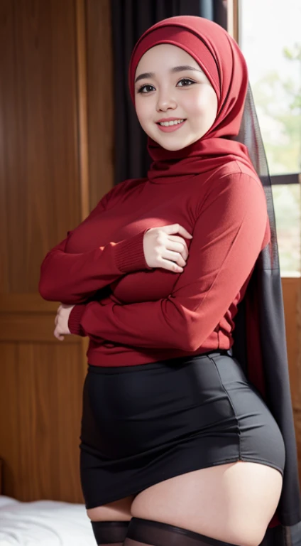 beautiful chubby woman wearing a hijab, wearing a red long-sleeved knitted shirt, wearing a mini skirt, stockings, big breasts, smiling sweetly, ultra details