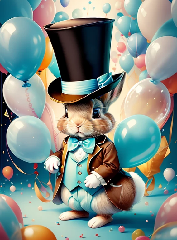 (cute brown baby rabbit with light blue top hat and lots of ballons), Munchkin ,Geometric multidimensional wall portrait, livro de arte, Tchibi,
Yang08k, Beautiful, Colouring,
Obras, of the highest quality, best quality, Arte Oficial, Beautiful and Aesthetic,