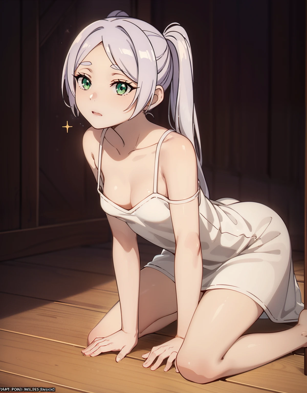 (Best Quality, Masterpiece),sexy,  erotic, 18+, nsfw, 1girl, 18 years old, Contempt, pride, long silver hair,sparkling eyes, ((kneeling)), ((( masturbation))), ((green eyes)), ((two ponytails)), white dress