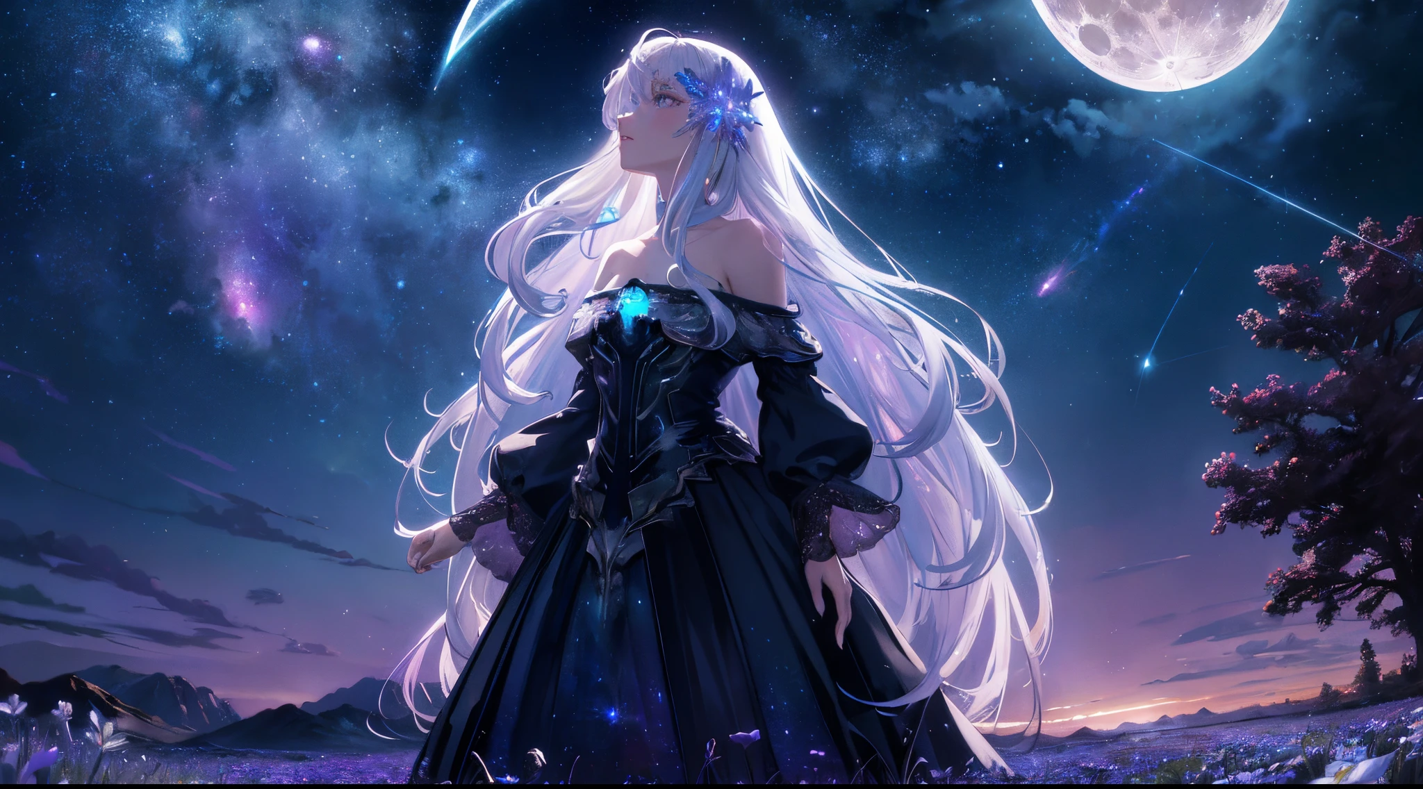 Expansive landscape photograph, (view from below with a view of the sky and wilderness below), one girl with very long white hair girl standing in a flower field looking up, off shoulder purple starry sky dress, constellation, (full moon: 1.2), (shooting star: 0.9), (nebula: 1.3), distant mountain, tree break production art, (warm light source: 1.2), (firefly: 1.2), lamp, intricate detail, volume lighting, realism break (masterpiece: 1.2) (Best Quality), 4K, Ultra-Detailed, (Dynamic Configuration: 1.4), Highly Detailed and Colorful Details, (Iridescent Colors: 1.2), (Glowing Lighting, Atmospheric Lighting), Dreamy, Magical, (Solo: 1.2)
