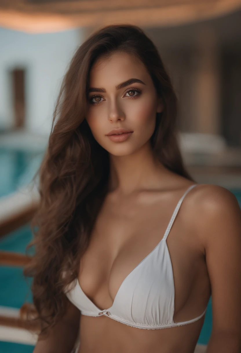 arafed woman fully , sexy girl with brown eyes, ultra realistic, meticulously detailed, portrait sophie mudd, brown hair and large eyes, selfie of a young woman, dubai eyes, violet myers, without makeup, natural makeup, looking directly at the camera, face with artgram, subtle makeup, full body shot, in swimsuit at a pool, medium to large size bust