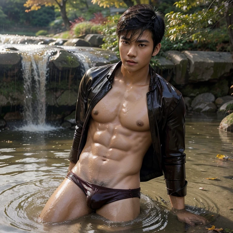 Real life picture of bare-chest asian muscular movie star man in wet japanese student uniform in autumn water fall